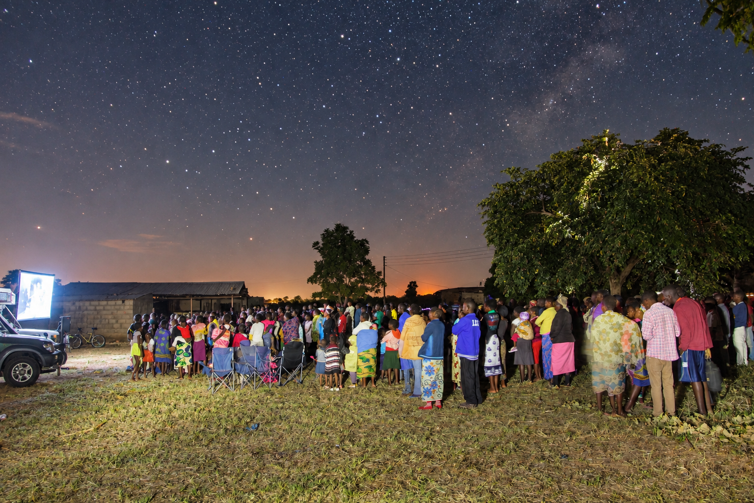 Illustrative AI-enhanced depiction of a nighttime rural outreach gathering; not an unaltered documentary photograph