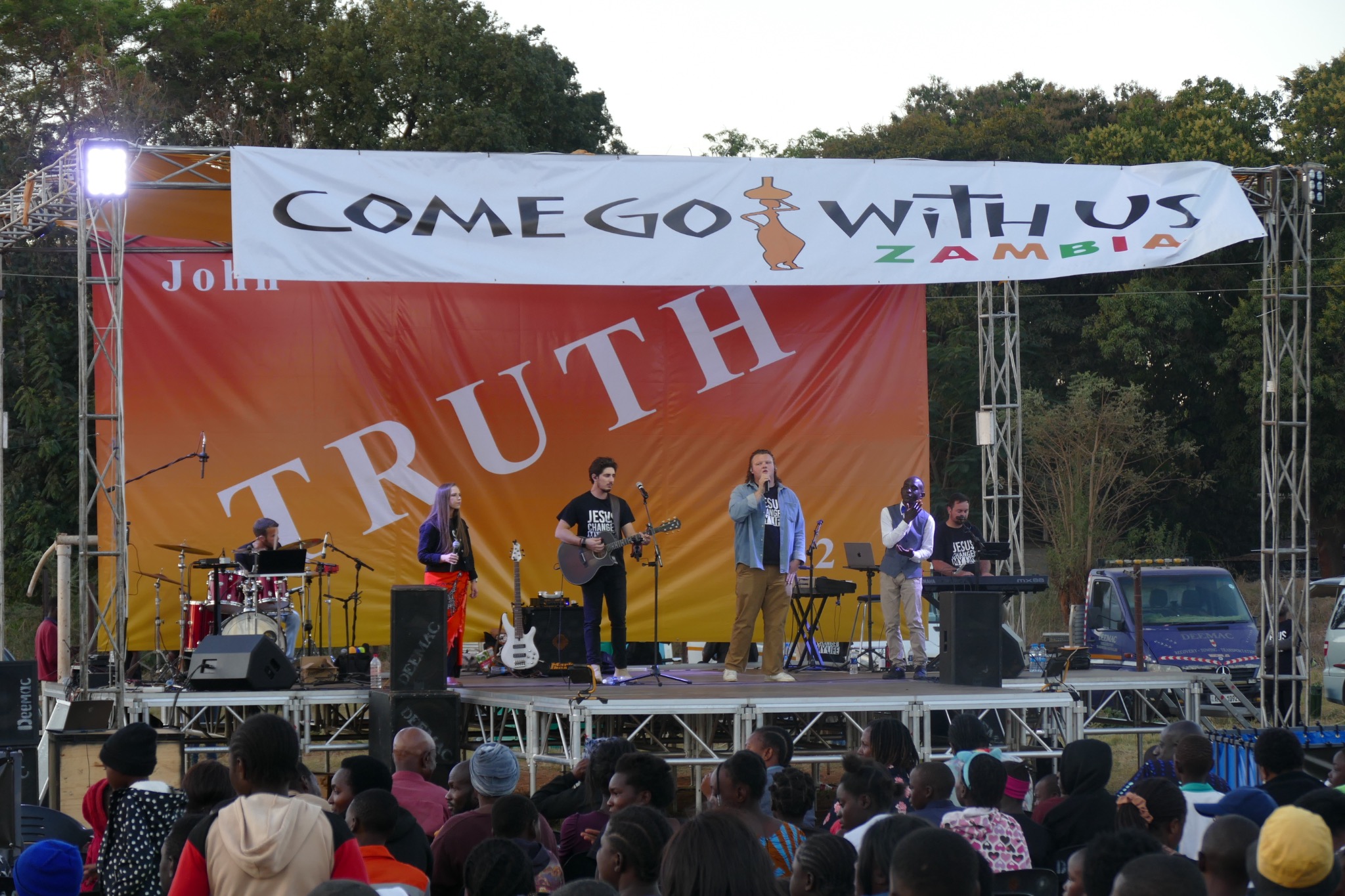 CGWU Truth Crusade stage with musicians and audience